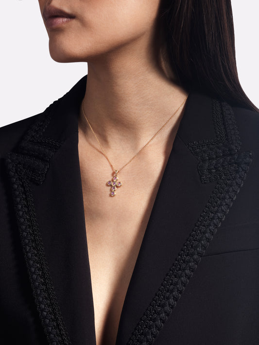 Pendentif Croix Noémie Saphir Rose